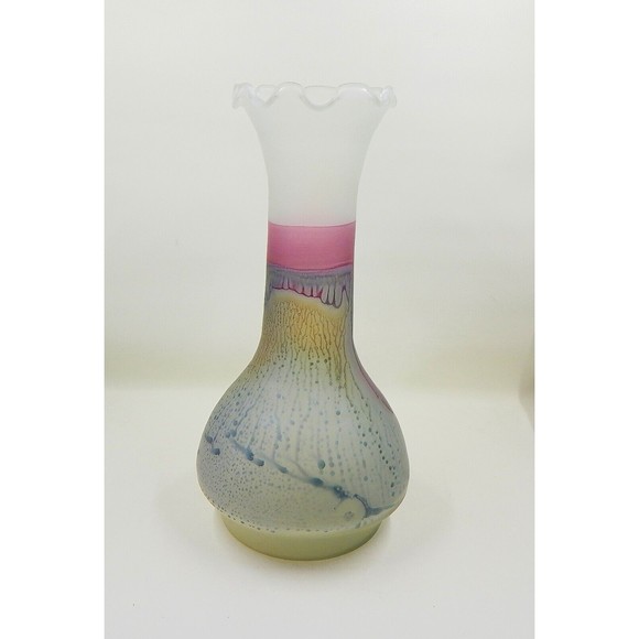 Rueven Art Glass Watercolor Drip Hand Painted Satin Bud Vase Ruffle Top 9 Inch - Picture 1 of 12
